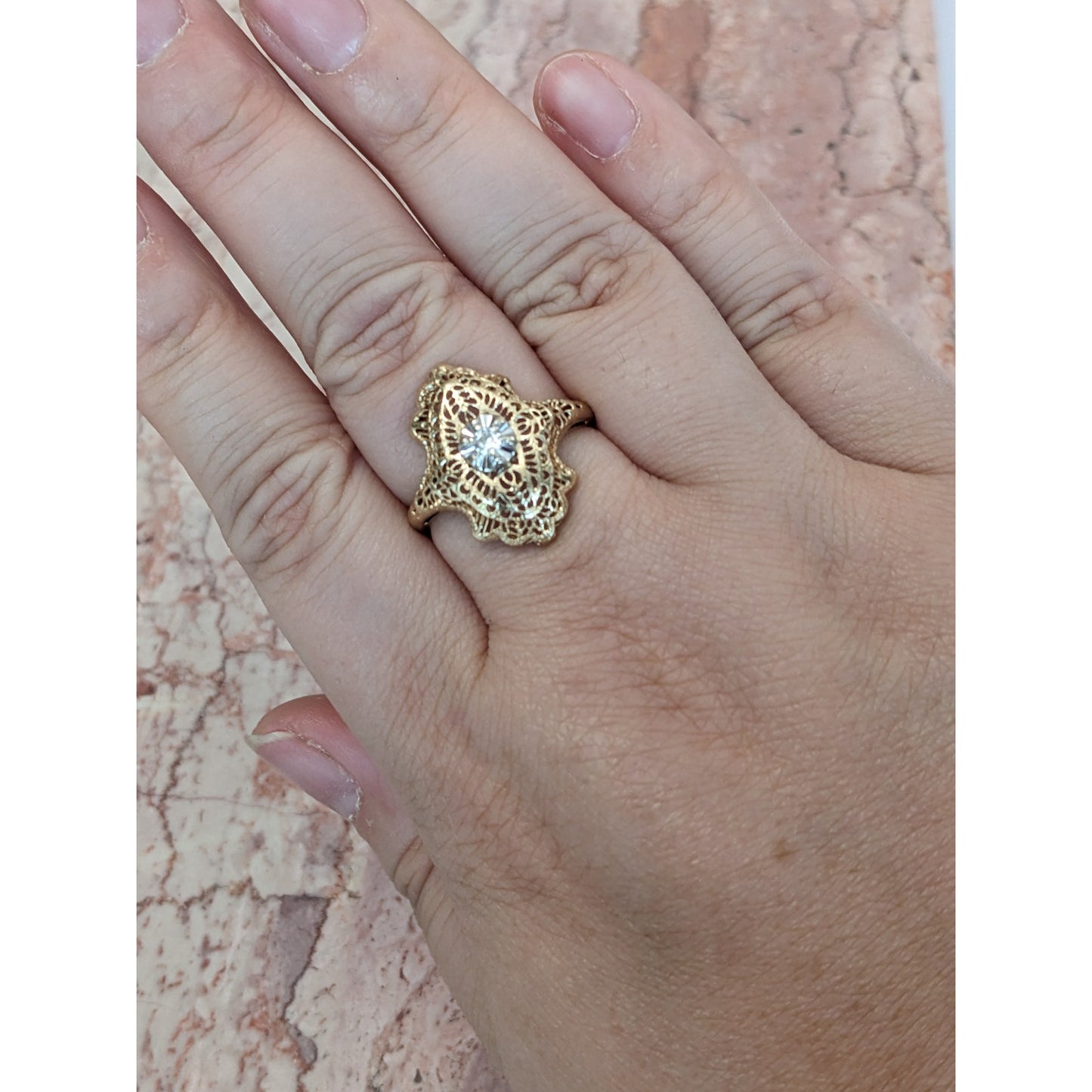 FLAW Vintage 14k Yellow Gold Filigree Diamond Cocktail Ring Size 7.75