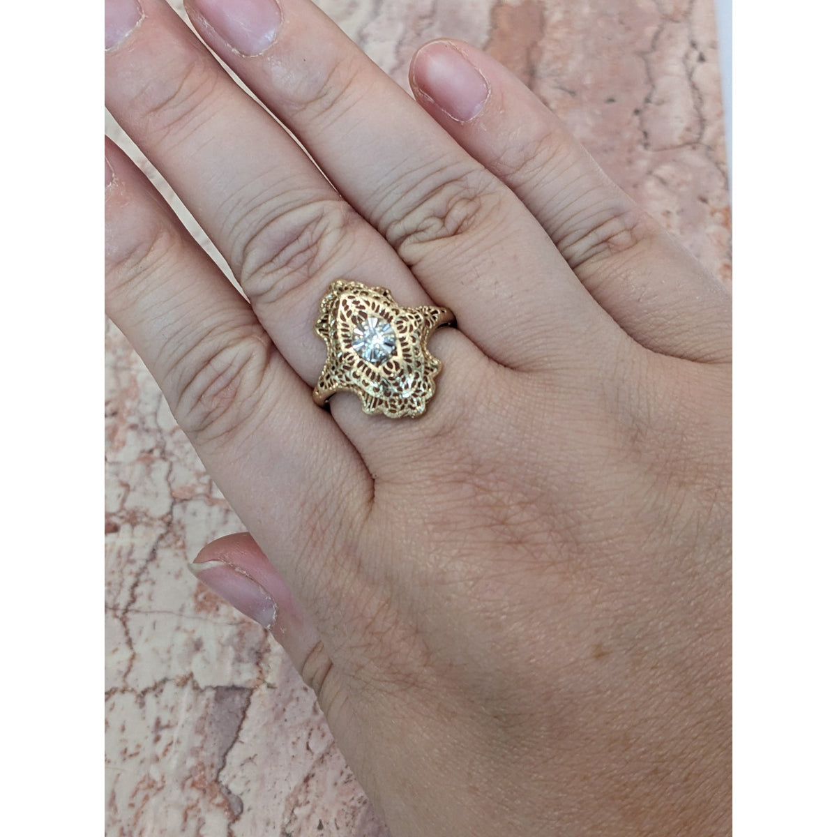 FLAW Vintage 14k Yellow Gold Filigree Diamond Cocktail Ring Size 7.75
