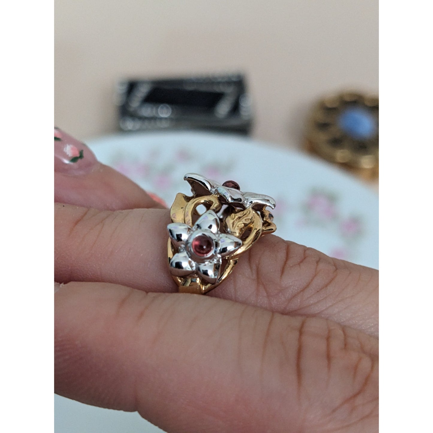 Estate 14k Yellow and White Gold Flower Ring with Pink Gems Size 5 US