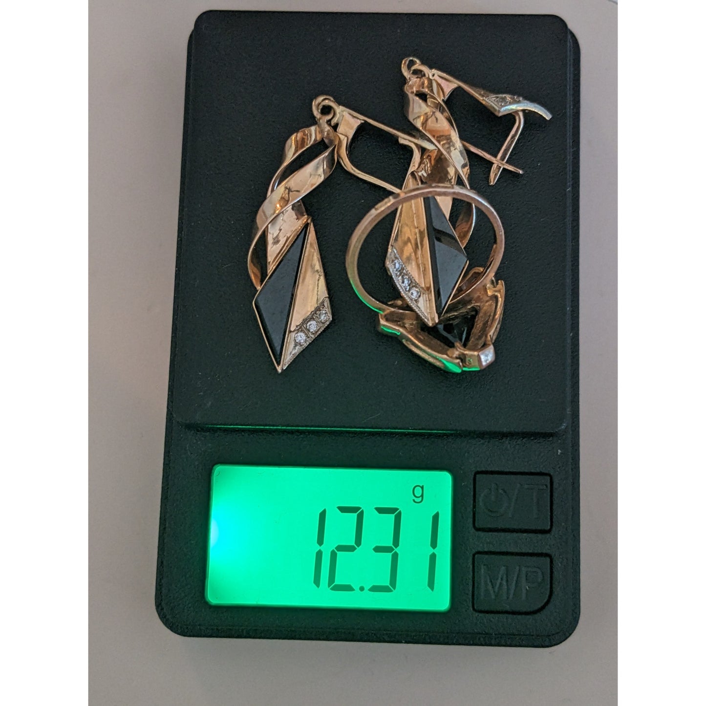 Vintage 1990s USSR 14k Gold Earring and Ring Size 7 Set Onyx and Diamonds