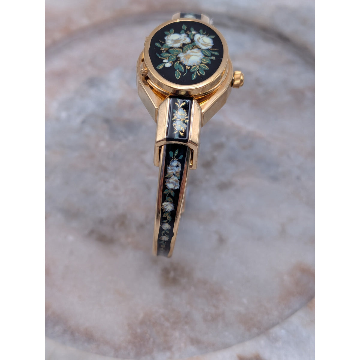 Preowned Andre Mouche 2000s Gold Tone Peekaboo Watch Black Enamel White Flowers