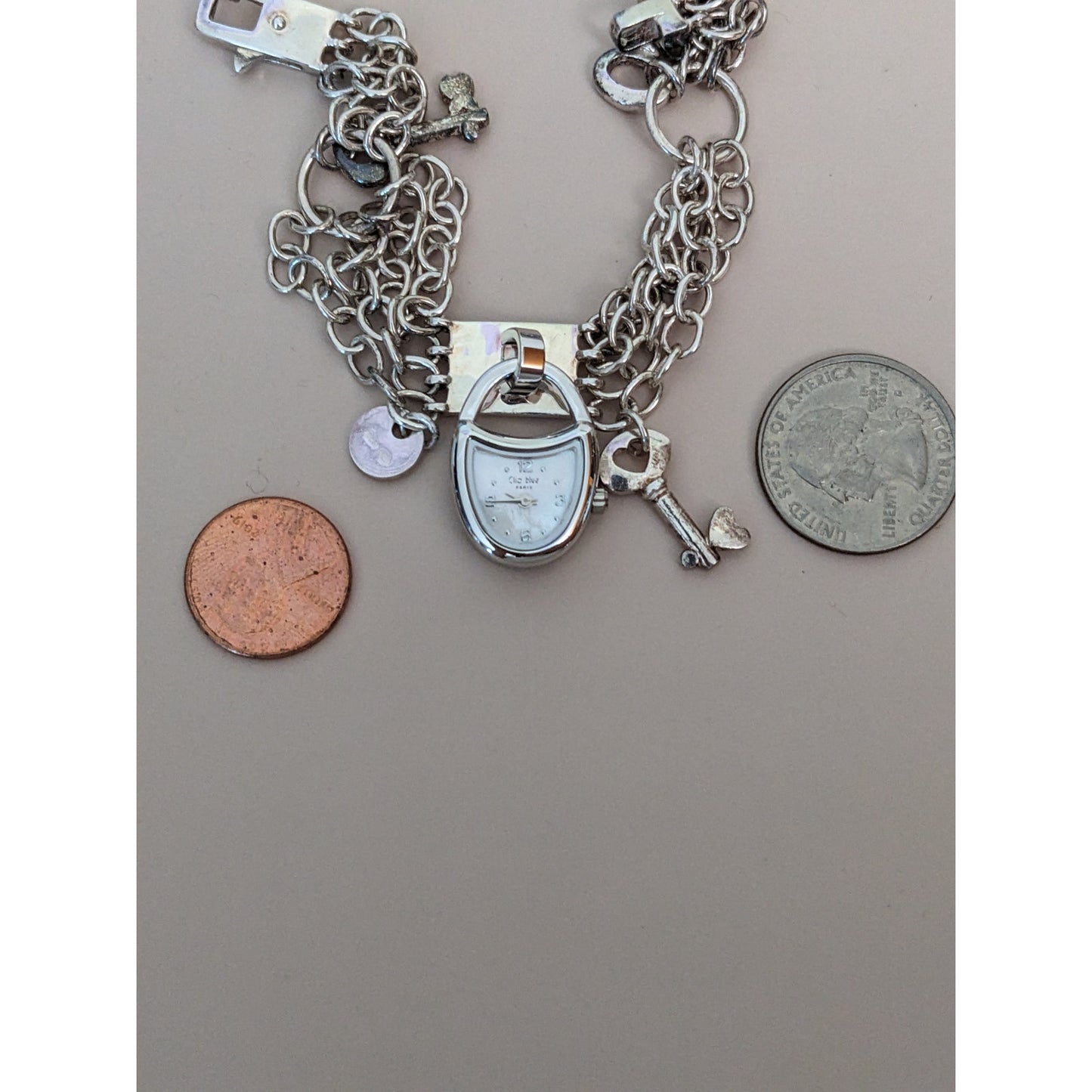 Vintage Andre Mouche Silver Tone Bangle Watch with Blue Floral Enamel Working