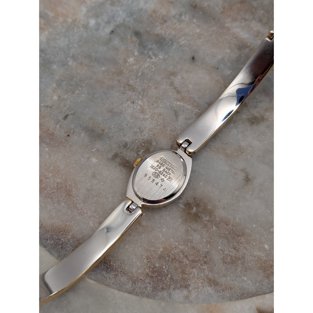 Vintage 1990s Seiko Two Tone Bangle Quartz Watch Dainty Dial Pink and Blue Stone