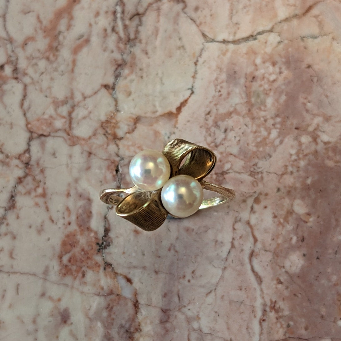 Vintage 10k Yellow Gold Two Faux Pearl Bow Ring Size 7