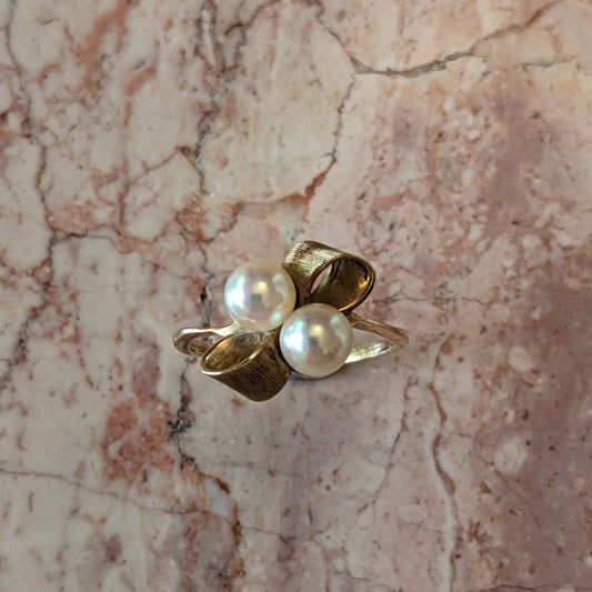 Vintage 10k Yellow Gold Two Faux Pearl Bow Ring Size 7