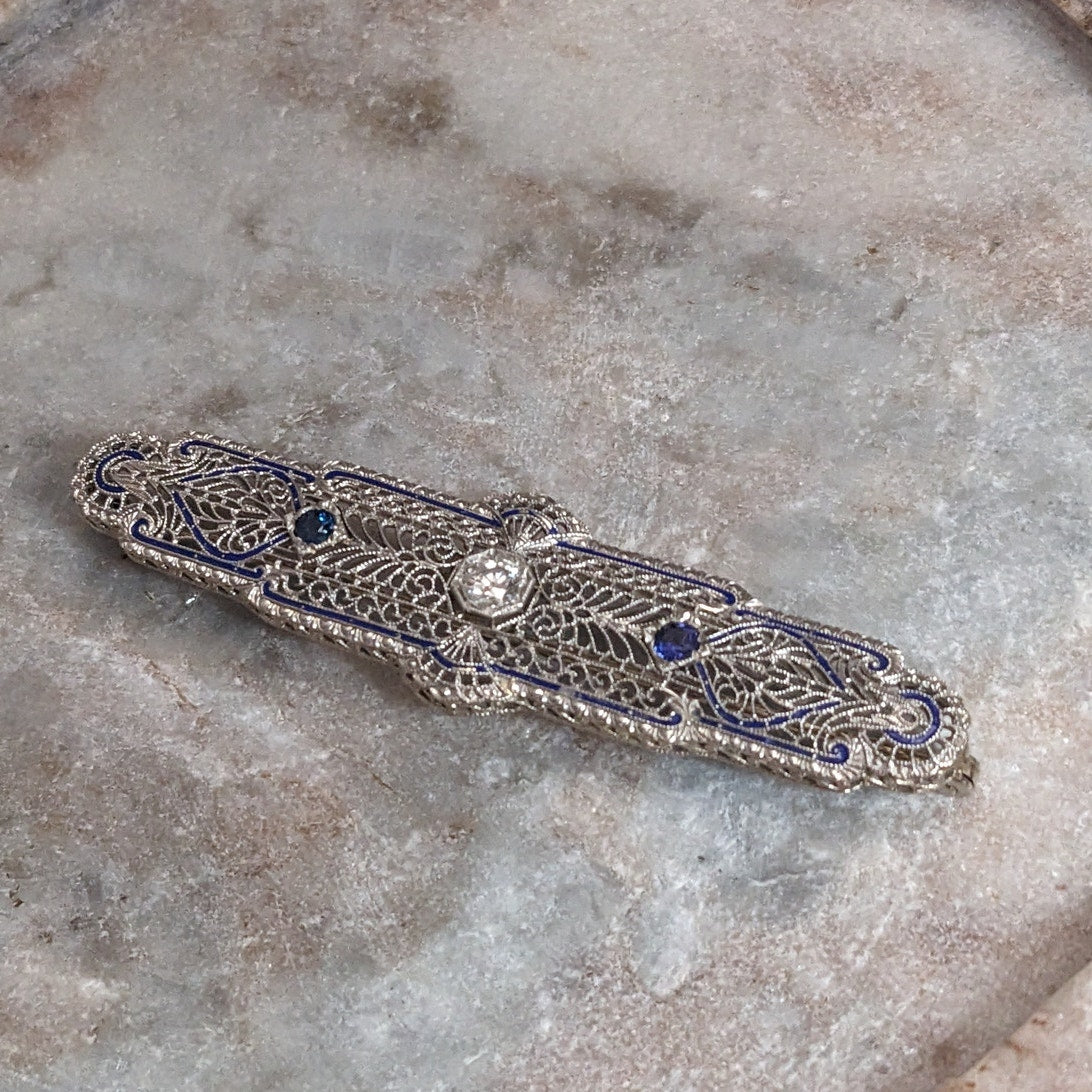 Vintage 14k White Gold Filigree Blue Enamel Diamond and Sapphire Accent Brooch