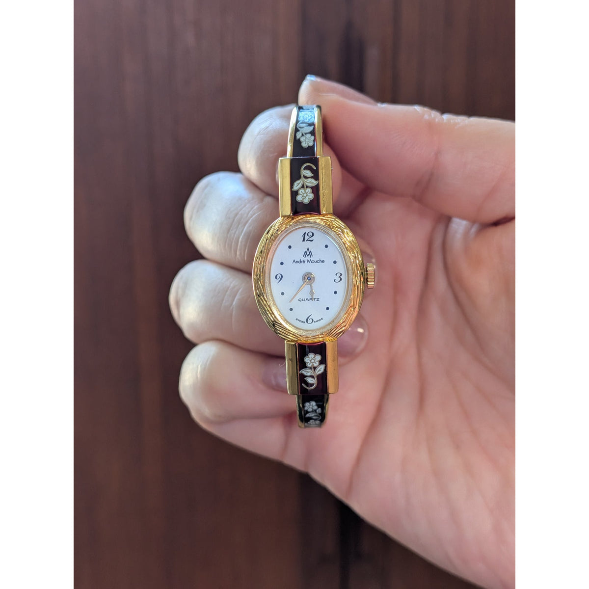 Vintage Andre Mouche Gold Tone Bangle Watch Reddish Brown Enamel White Flowers