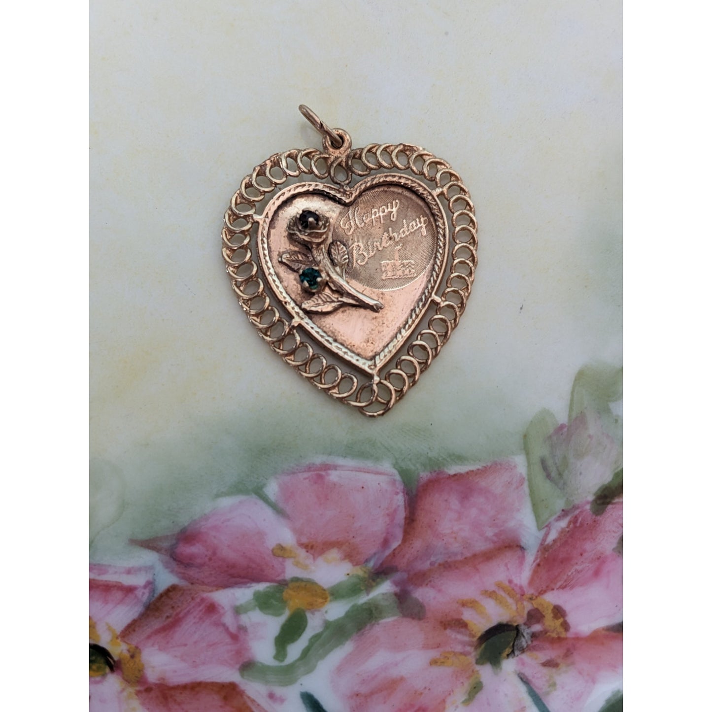 Vintage 14k Yellow Gold Jeweled "Happy Birthday" with Flower Pendant