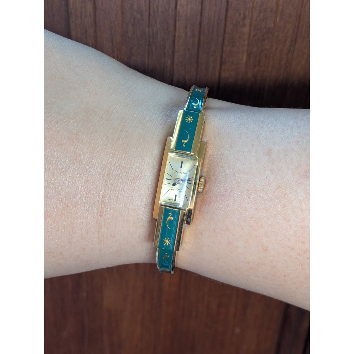 Vintage Chandler MANUAL Gold Tone Bangle Watch Green Enamel & Gold Floral Accent