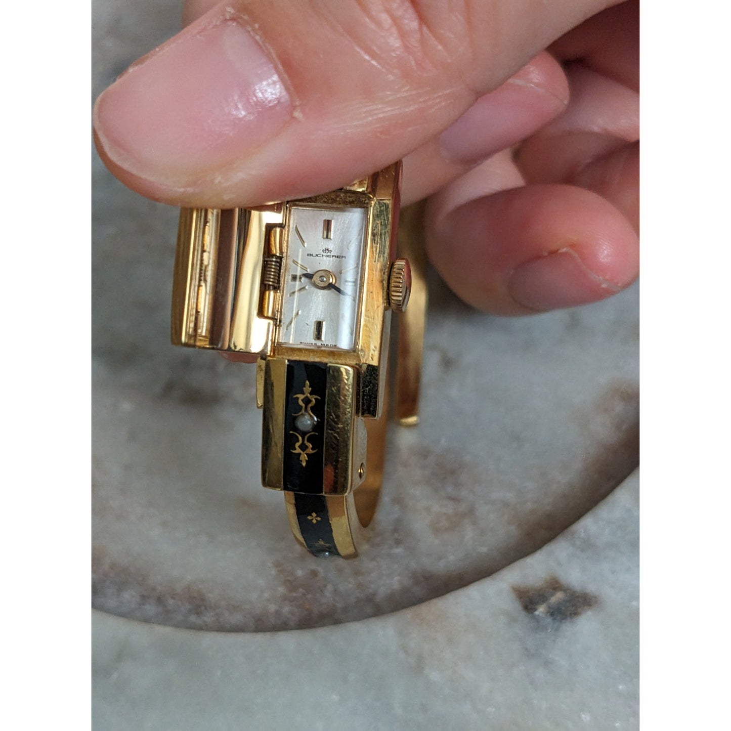 Vintage Andre Mouche Silver Tone Bangle Watch with Blue Floral Enamel Working