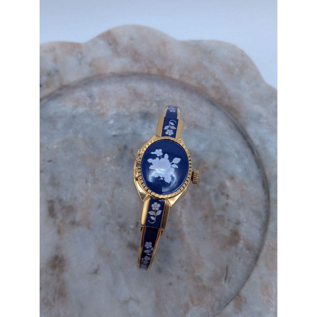 Vintage Andre Mouche Gold Tone Peekaboo Watch Dark Blue Enamel White Flowers