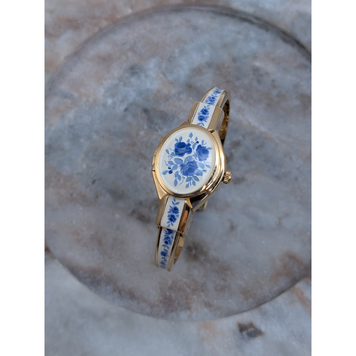 Preowned Andre Mouche Gold Tone Peekaboo Watch White Enamel Blue Flowers