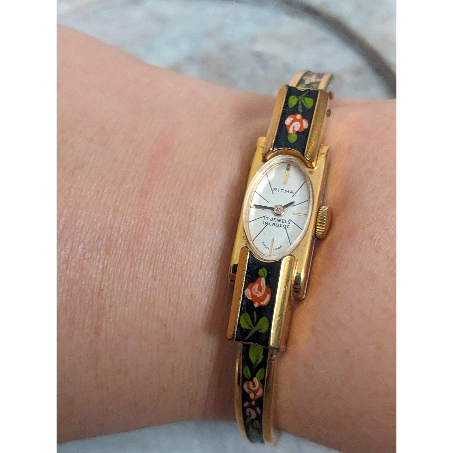 Vintage Andre Mouche Silver Tone Bangle Watch with Blue Floral Enamel Working