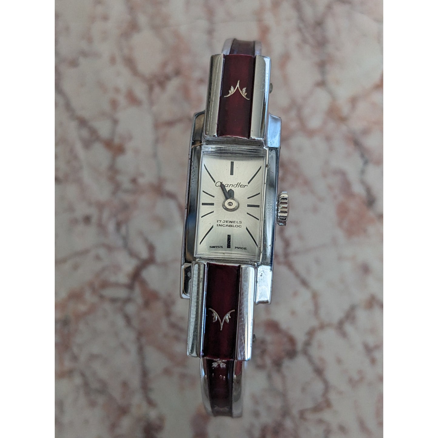 Vintage Chandler Manual Silver Tone Bangle Watch Red Enamel Botanical Shqapes