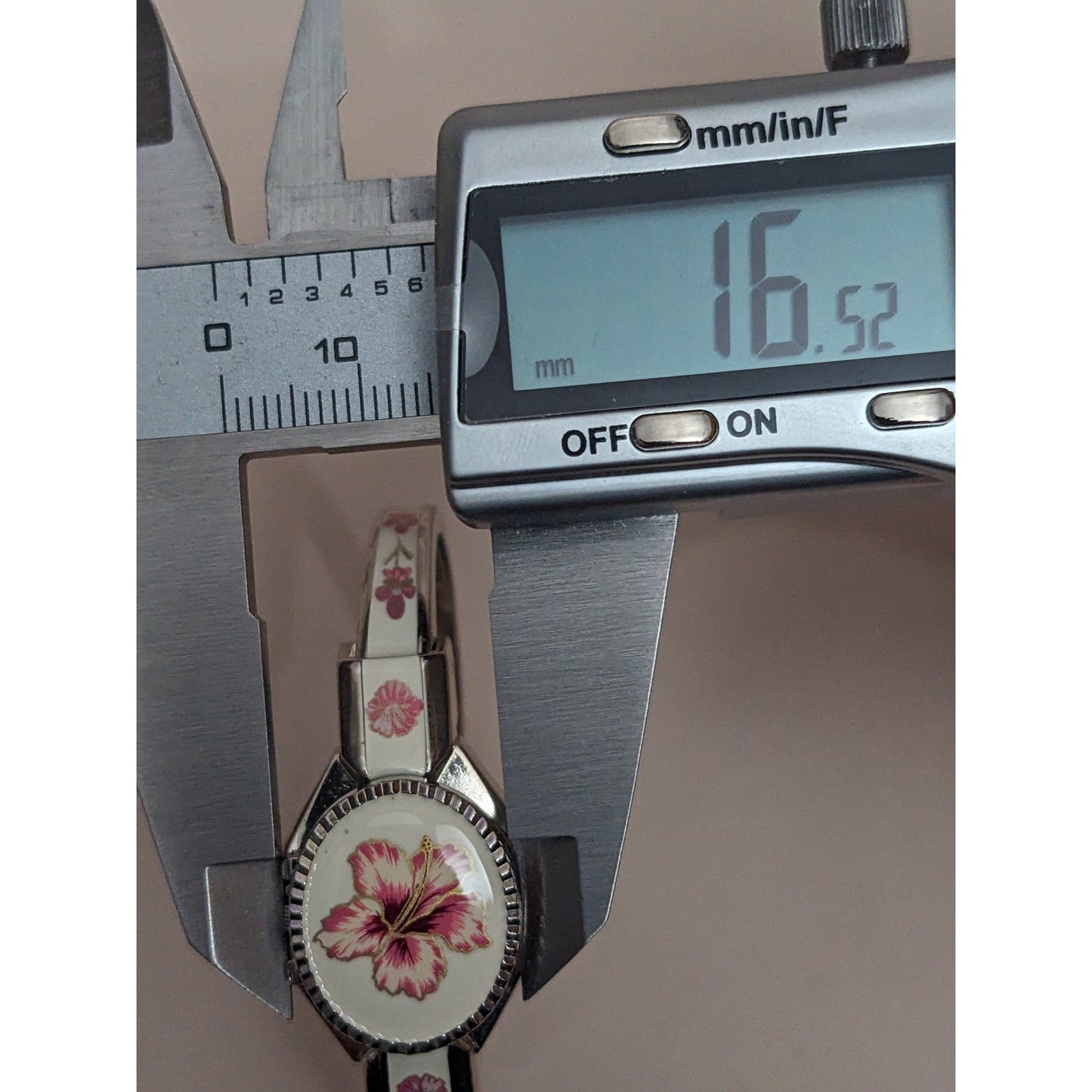 Vintage Andre Mouche Silver Tone Peekaboo Watch Off White Enamel Pink Flowers