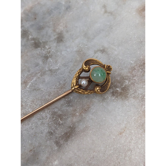 Vintage 14k Yellow Gold Stick Pin with Green Stone and Pearl