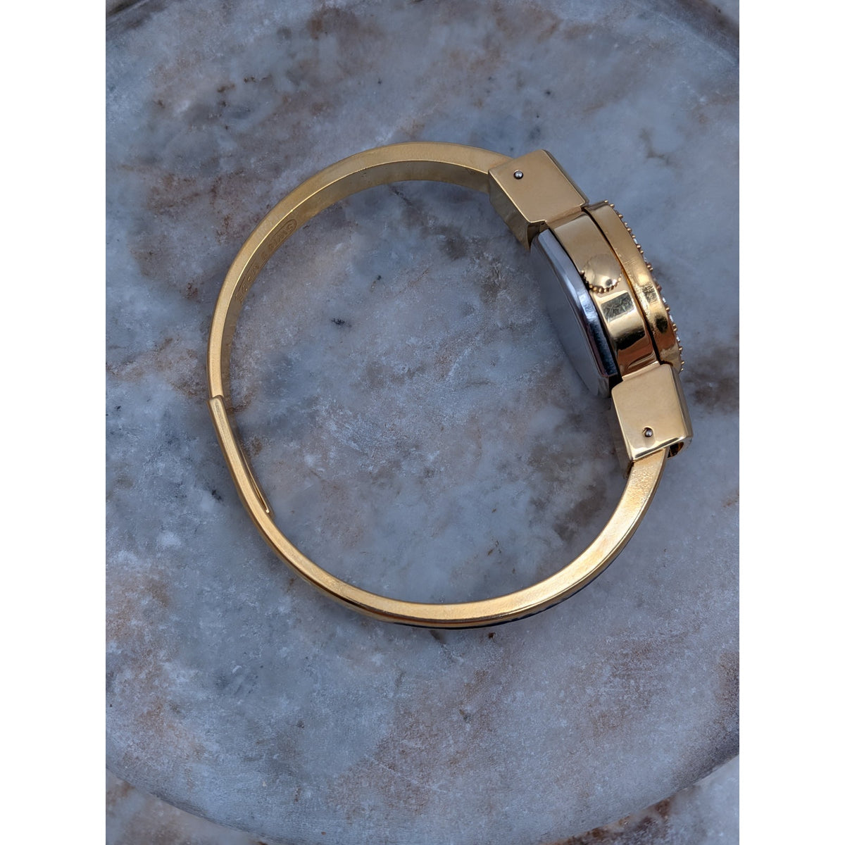 Vintage Andre Mouche Gold Tone Peekaboo Watch Blue Enamel White Flowers & Stones
