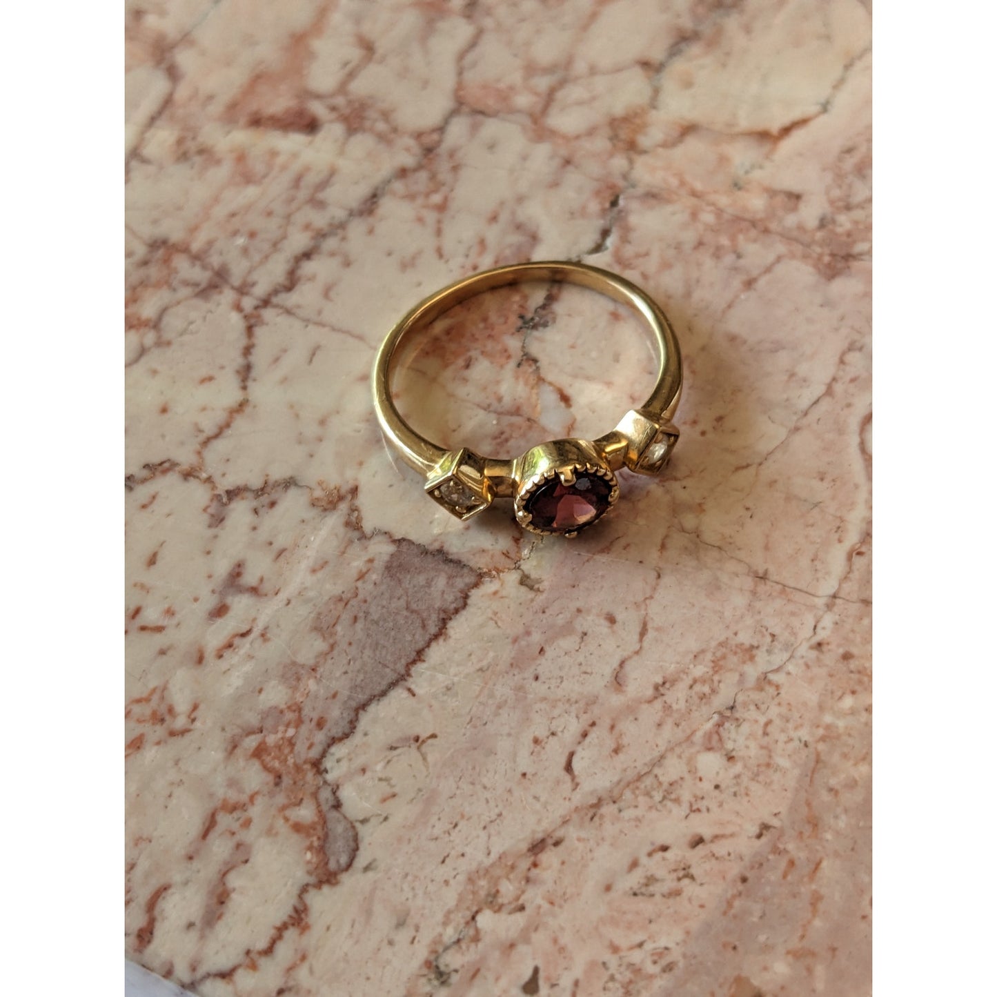Estate 14k Yellow Gold Red Garnet White Zircon Accent Stone Ring Size 7