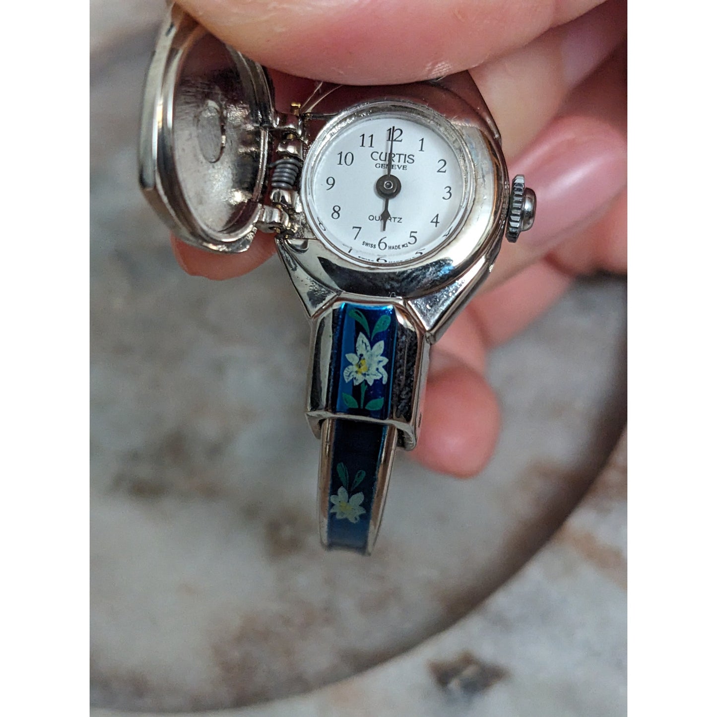 Vintage Andre Mouche Silver Tone Bangle Watch with Blue Floral Enamel Working