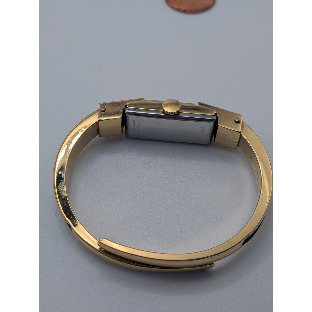 FLAW Vintage Bucherer Gold Tone Bangle Watch Green Enamel Gold Pattern Accent