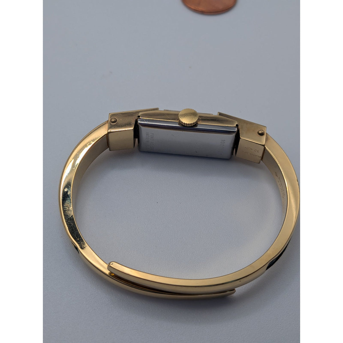 FLAW Vintage Bucherer Gold Tone Bangle Watch Green Enamel Gold Pattern Accent