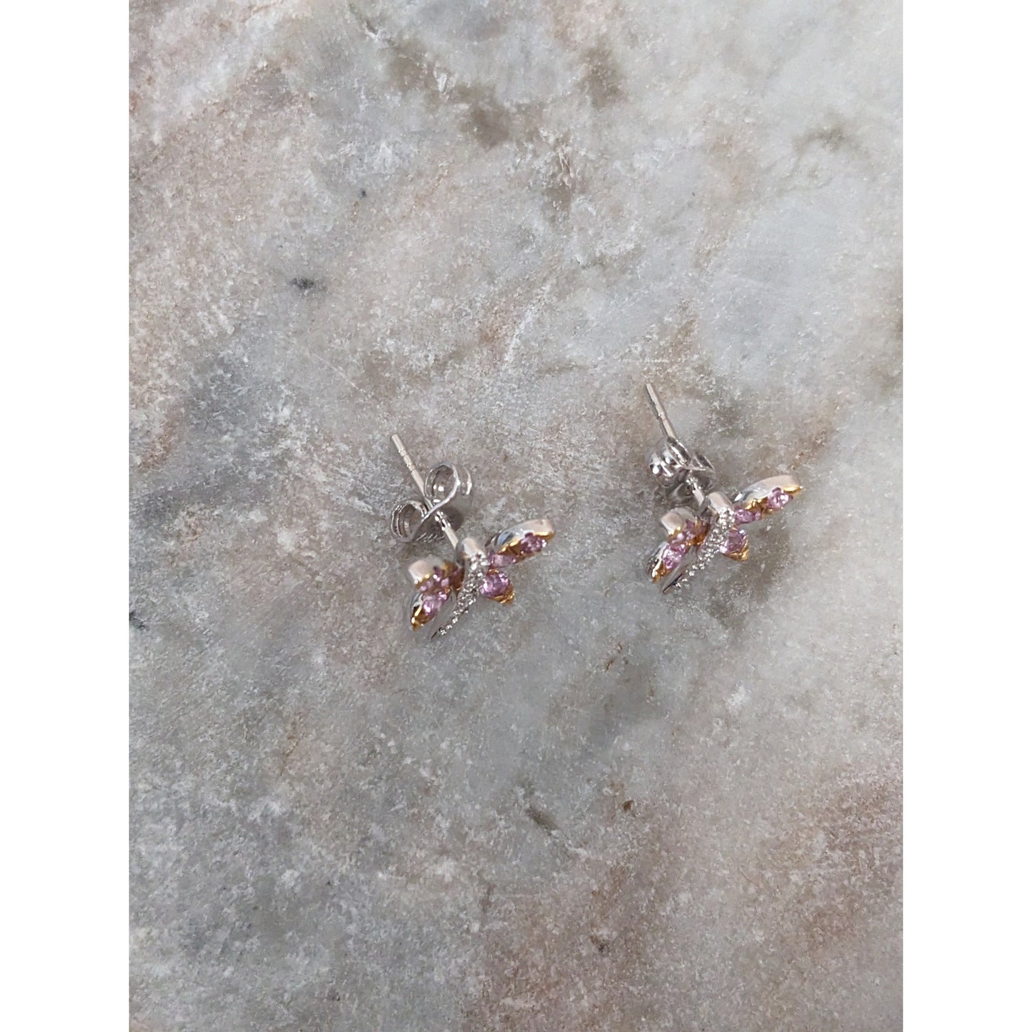 Estate 14k Gold Pink Sapphires and Diamond Dragonfly Stud Earrings