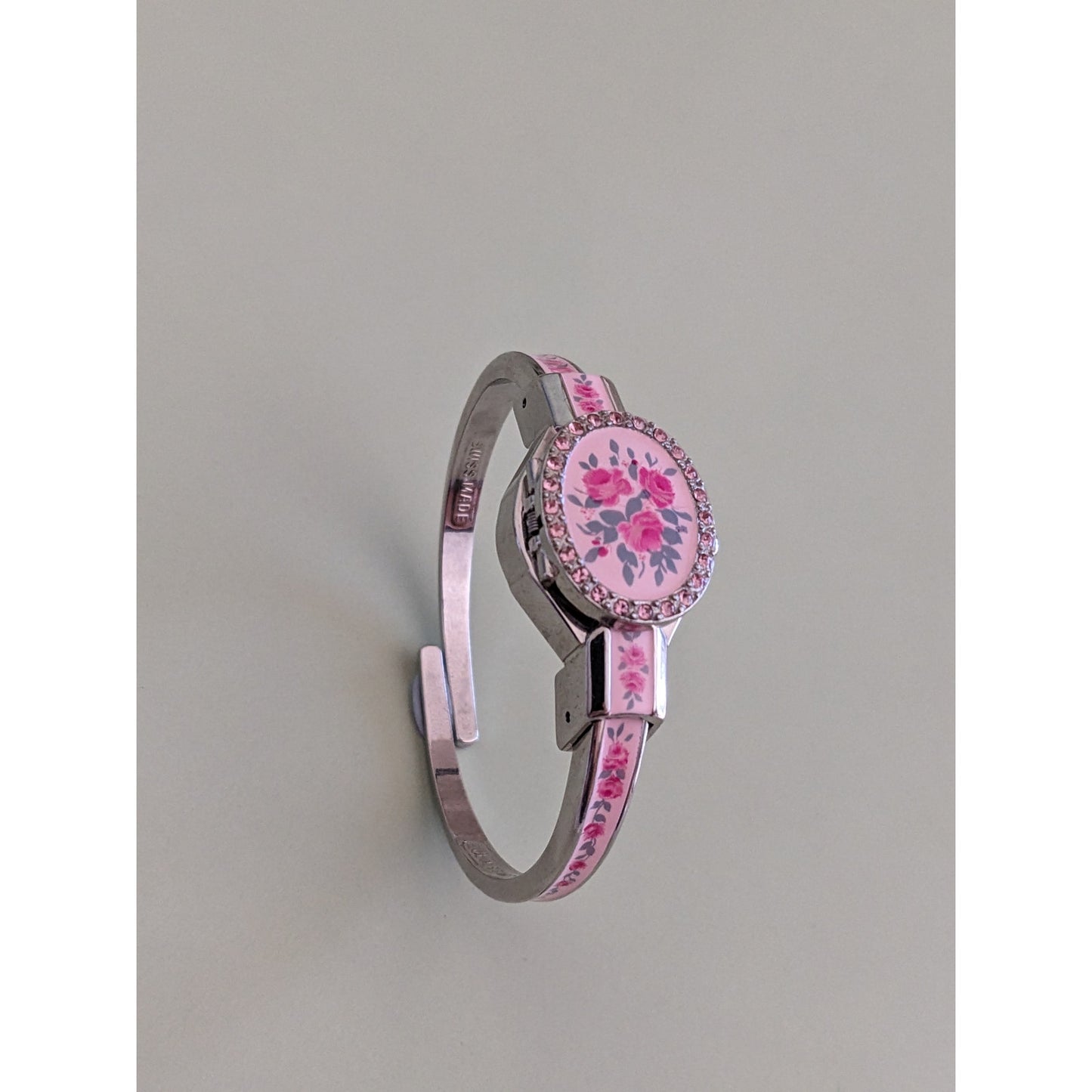 Vintage Andre Mouche Silver Tone Peek A Boo Bangle Watch, Pink Enamel Floral