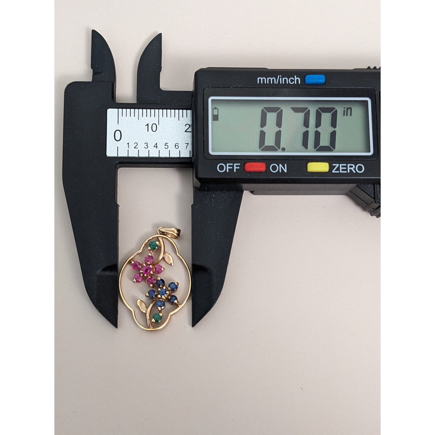 Estate 14k Yellow Gold Pink and Blue Gem Flowers Pendant