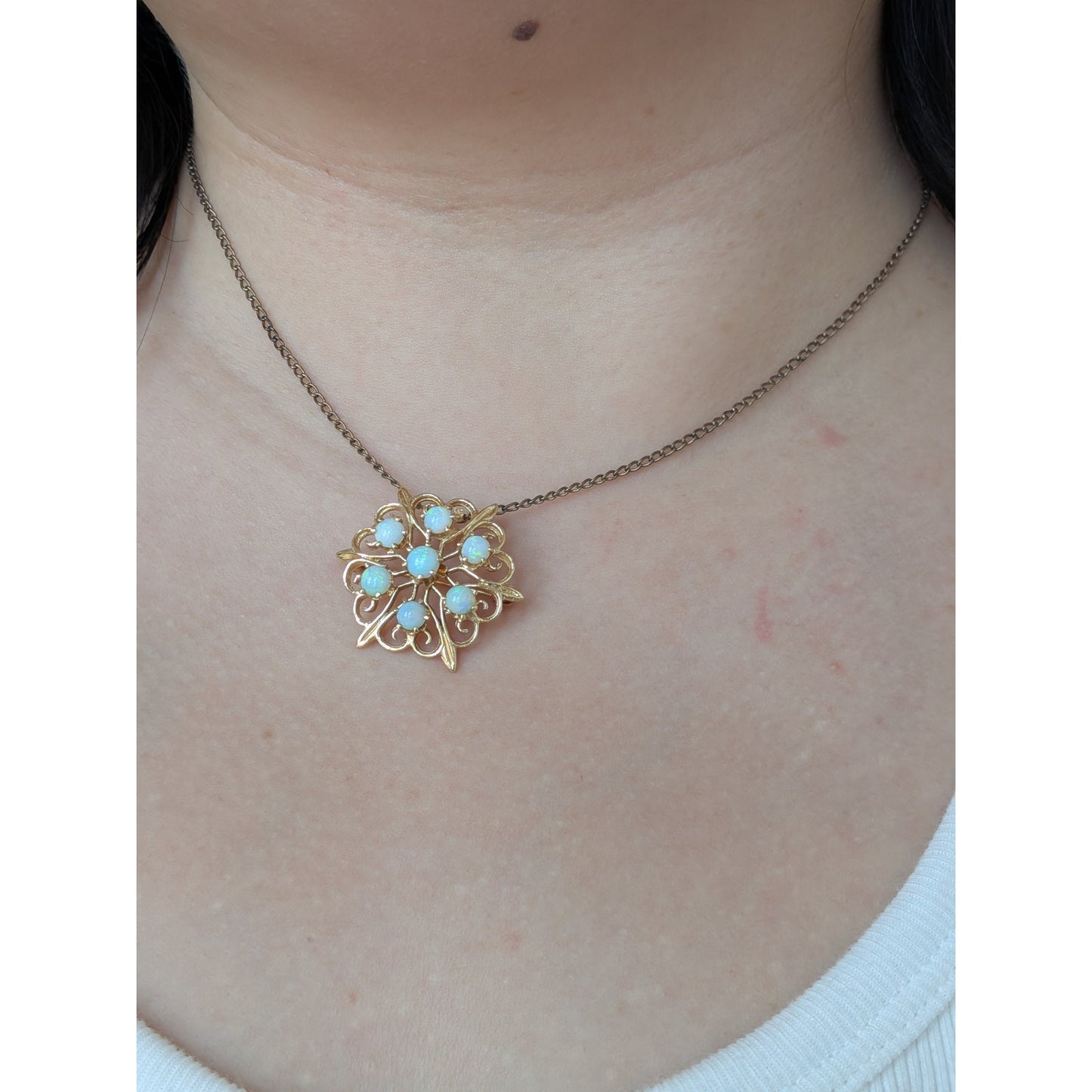 Vintage 14k Yellow Gold Cluster of Opals Flower Brooch or Pendant