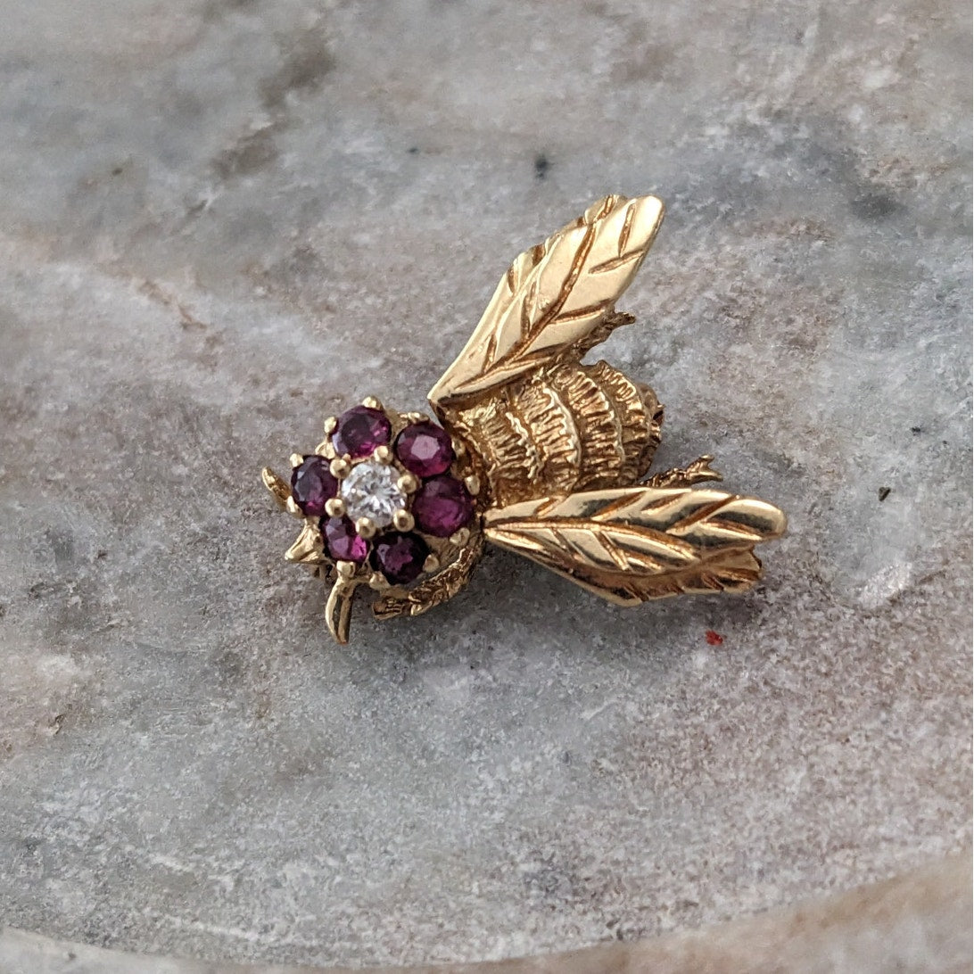 Vintage 14k Yellow Gold Ruby and Diamond Bee Brooch