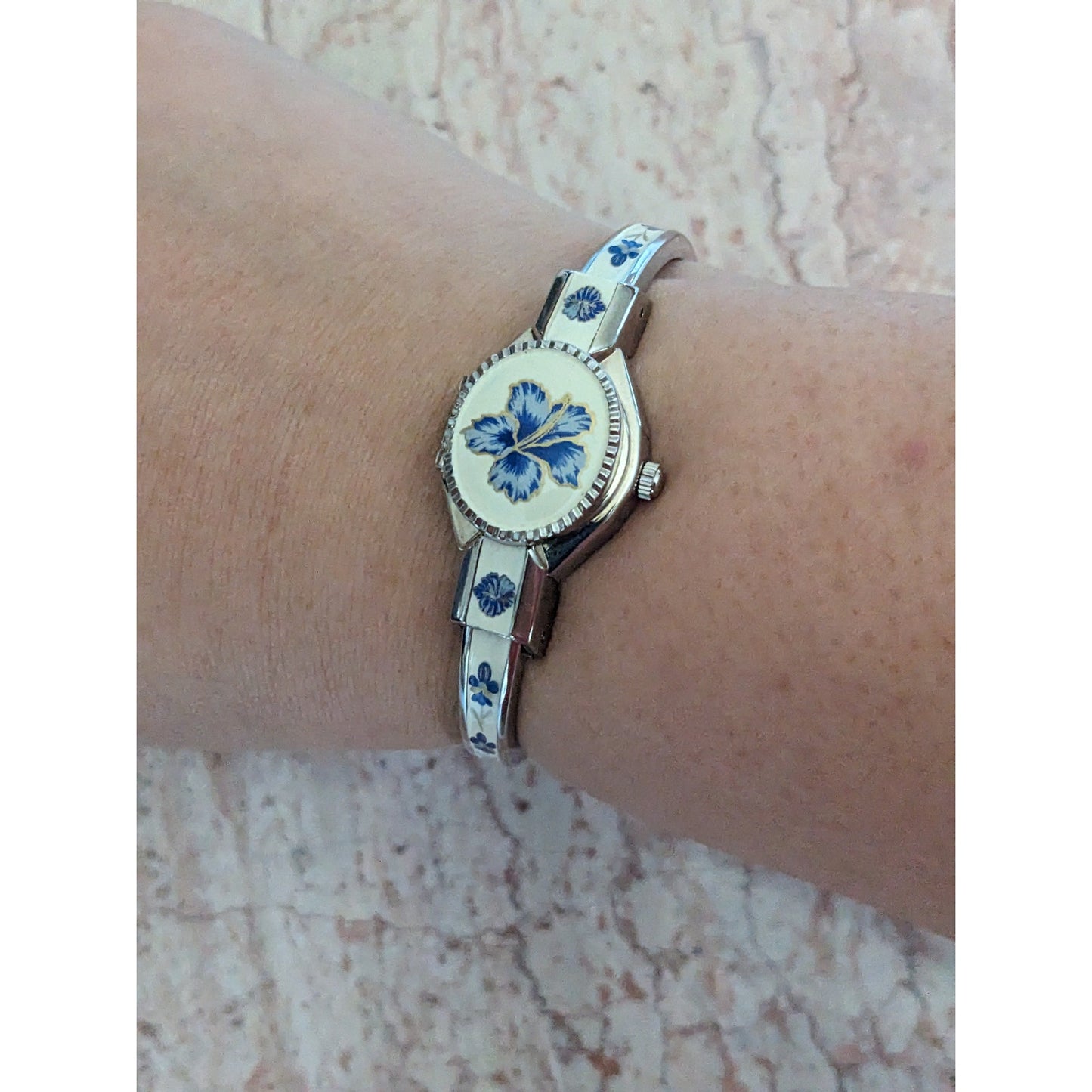 Vintage Andre Mouche Silver Tone Bangle Watch White Enamel Blue Flowers