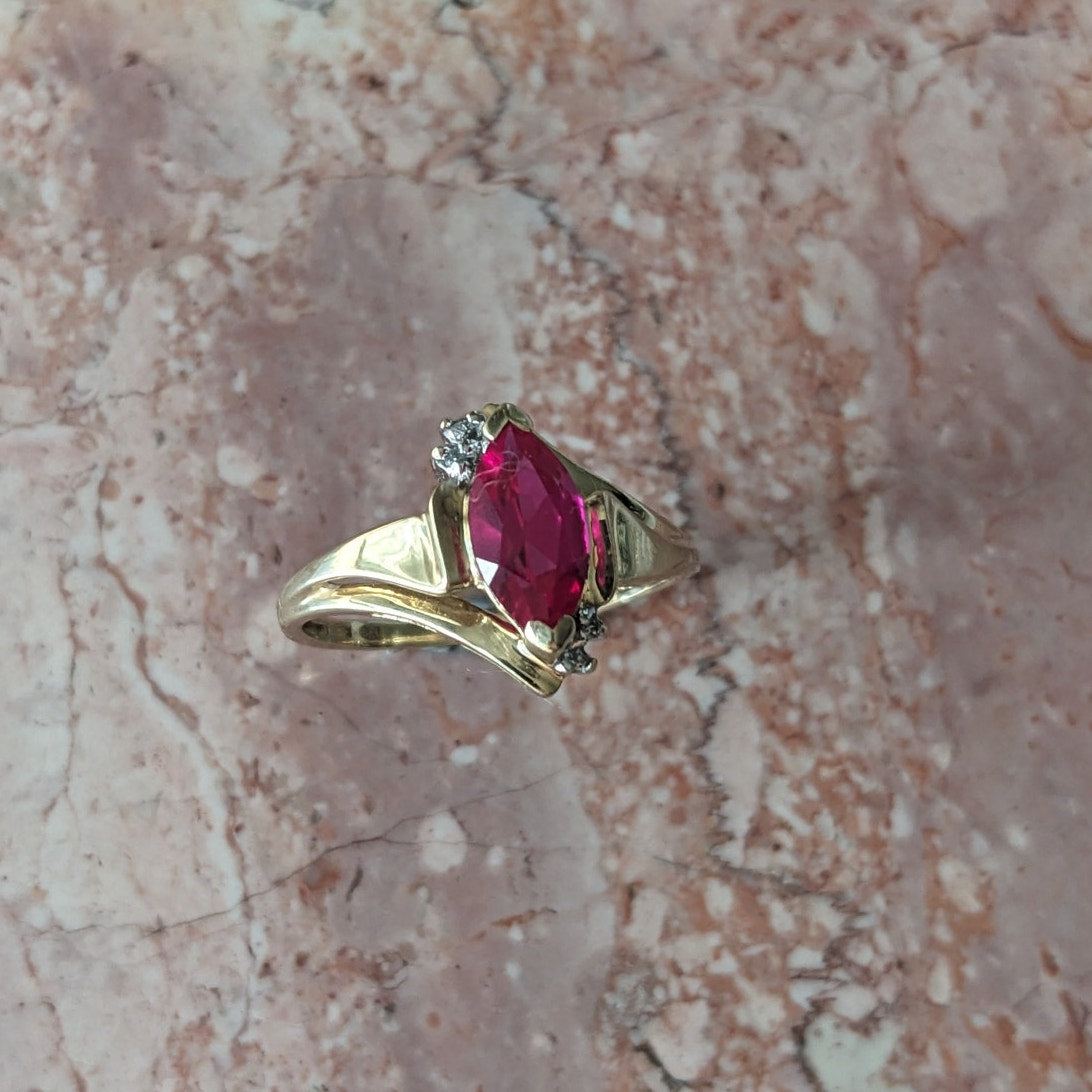 Vintage 10k Yellow Gold Faux Marquise Ruby Ring Size 7