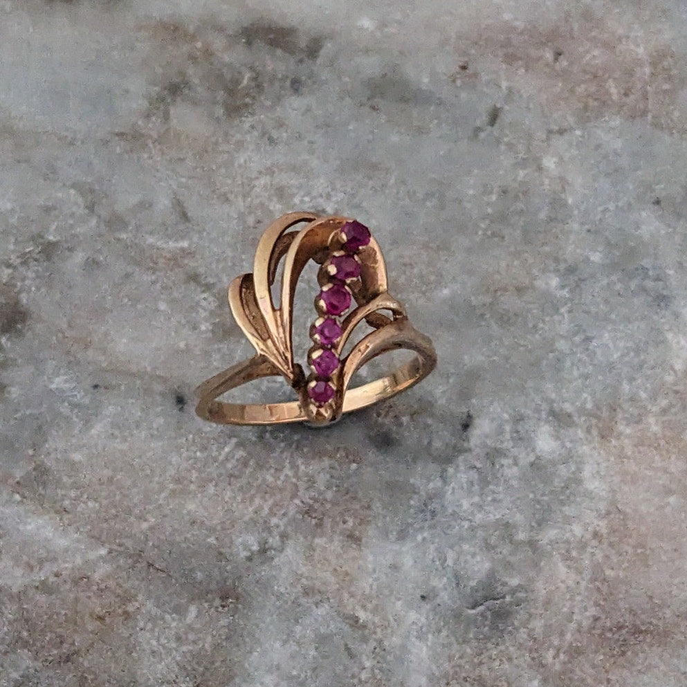 Vintage USSR 14k 1950s Gold Cocktail Abstract Ring with Lab Rubies Size 8.25