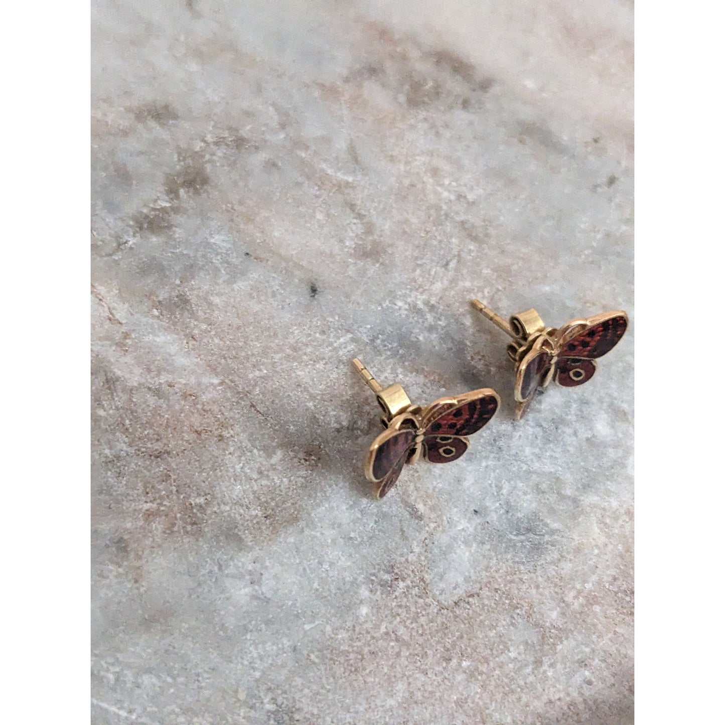 Vintage 14k Yellow Gold Butterfly Enamel Red and Black Stud Earrings