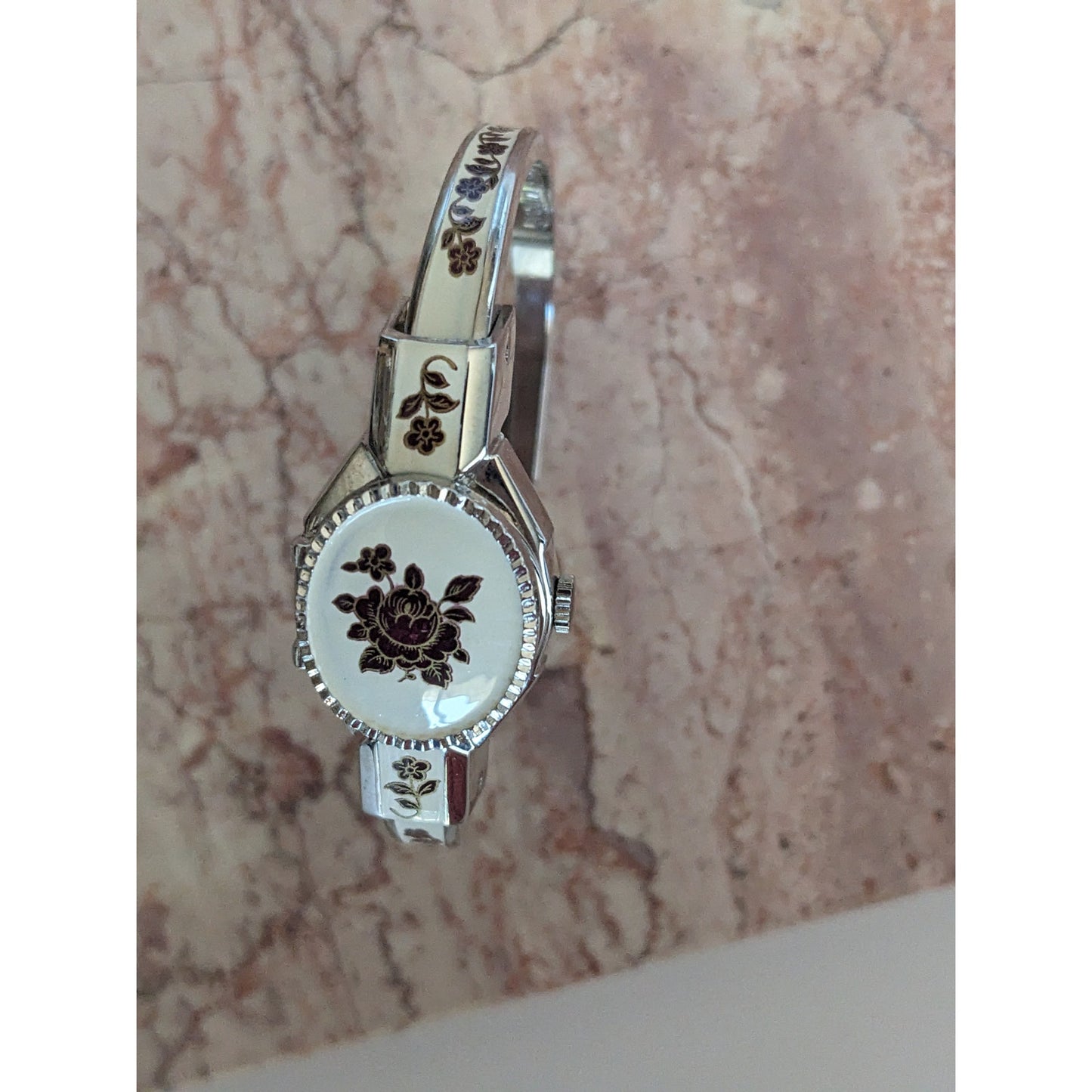 Vintage Andre Mouche Silver Tone Bangle Watch White Enamel Deep Red Flowers