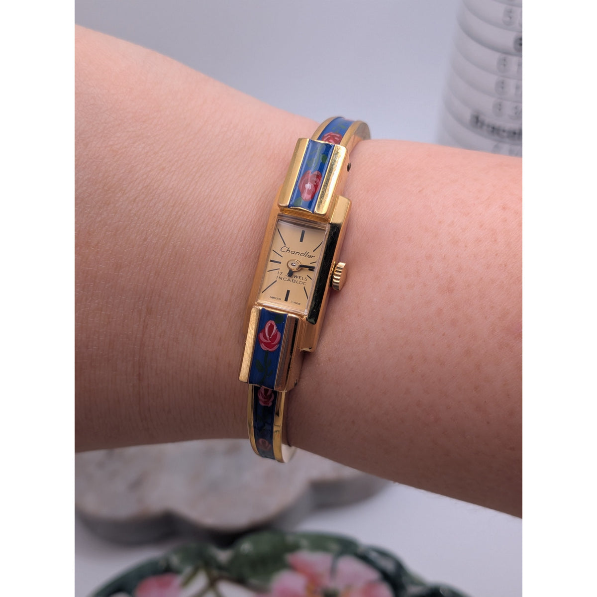 Vintage Chandler 17 Jewel Gold Tone Manual Watch Blue Enamel Red Painted Flowers