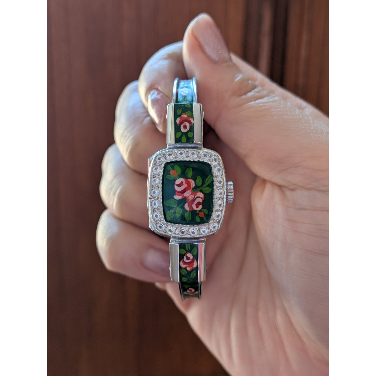 Vintage Chandler MANUAL Silver Tone Peekaboo Watch Dark Green Enamel & Flowers