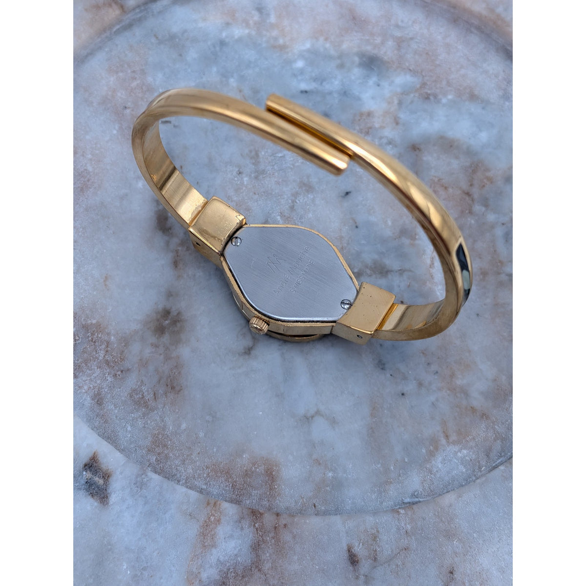FLAW Vintage Andre Mouche Gold Tone Peekaboo Watch Green Orchid Theme