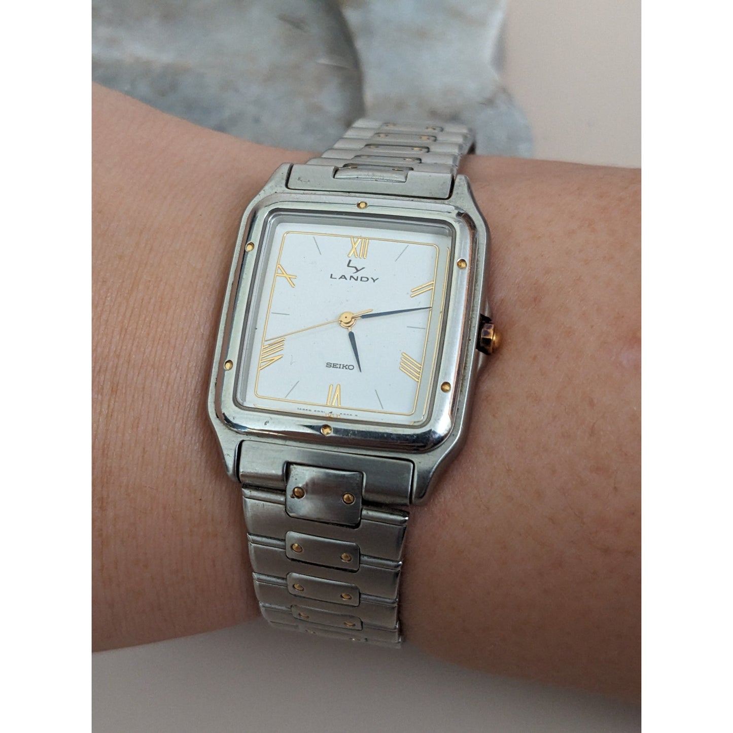 Vintage Andre Mouche Silver Tone Bangle Watch with Blue Floral Enamel Working