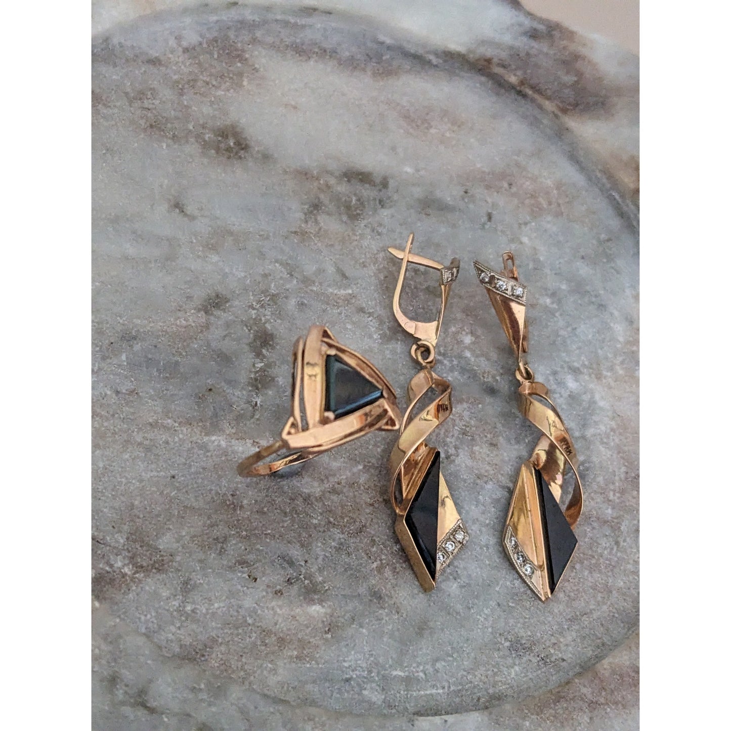 Vintage 1990s USSR 14k Gold Earring and Ring Size 7 Set Onyx and Diamonds