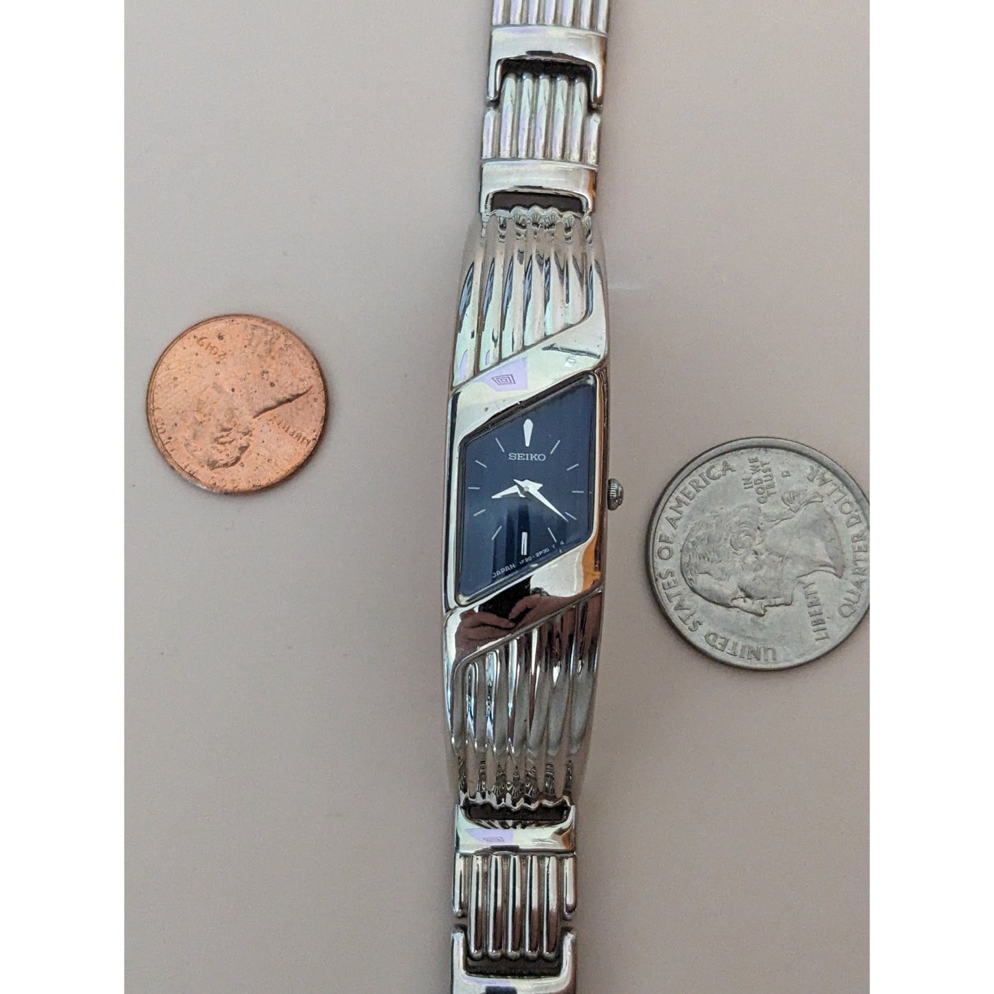 Vintage Andre Mouche Silver Tone Bangle Watch with Blue Floral Enamel Working