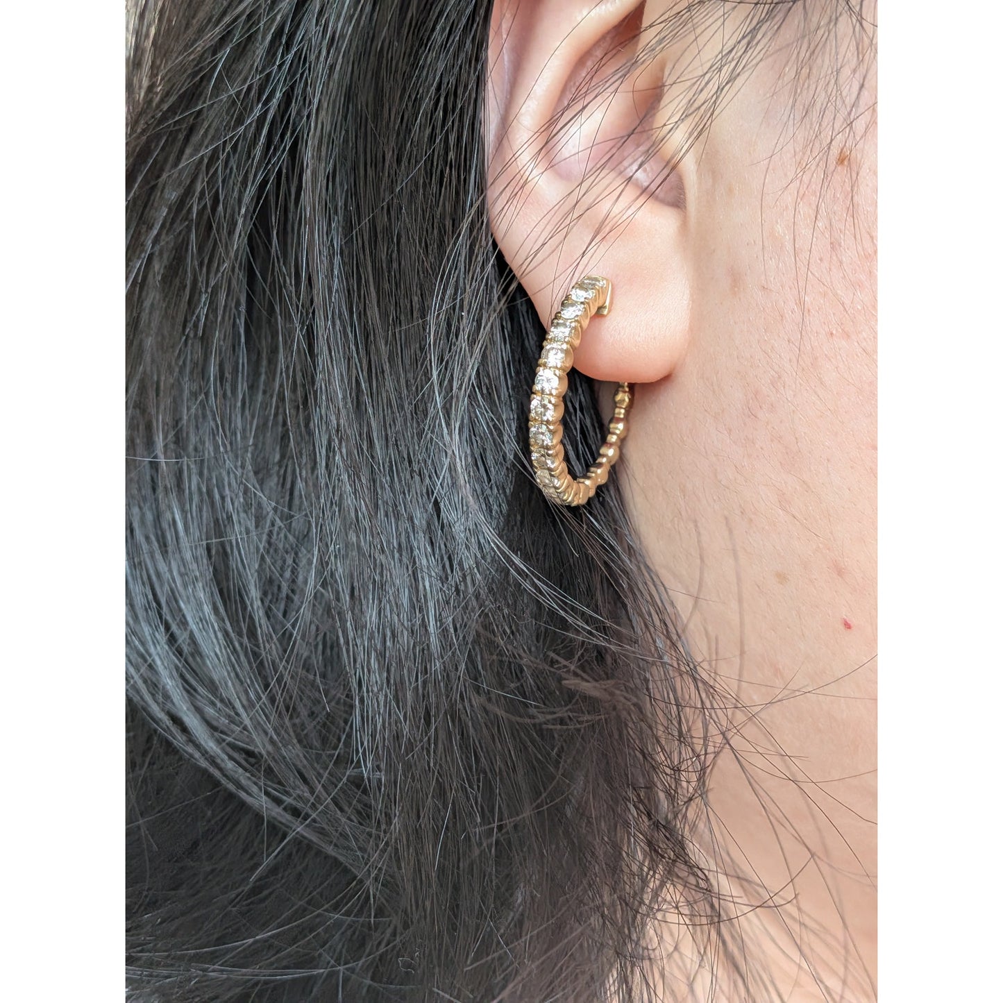 Vintage 14k Yellow Gold Huggie Hoop Earrings with Round Diamonds