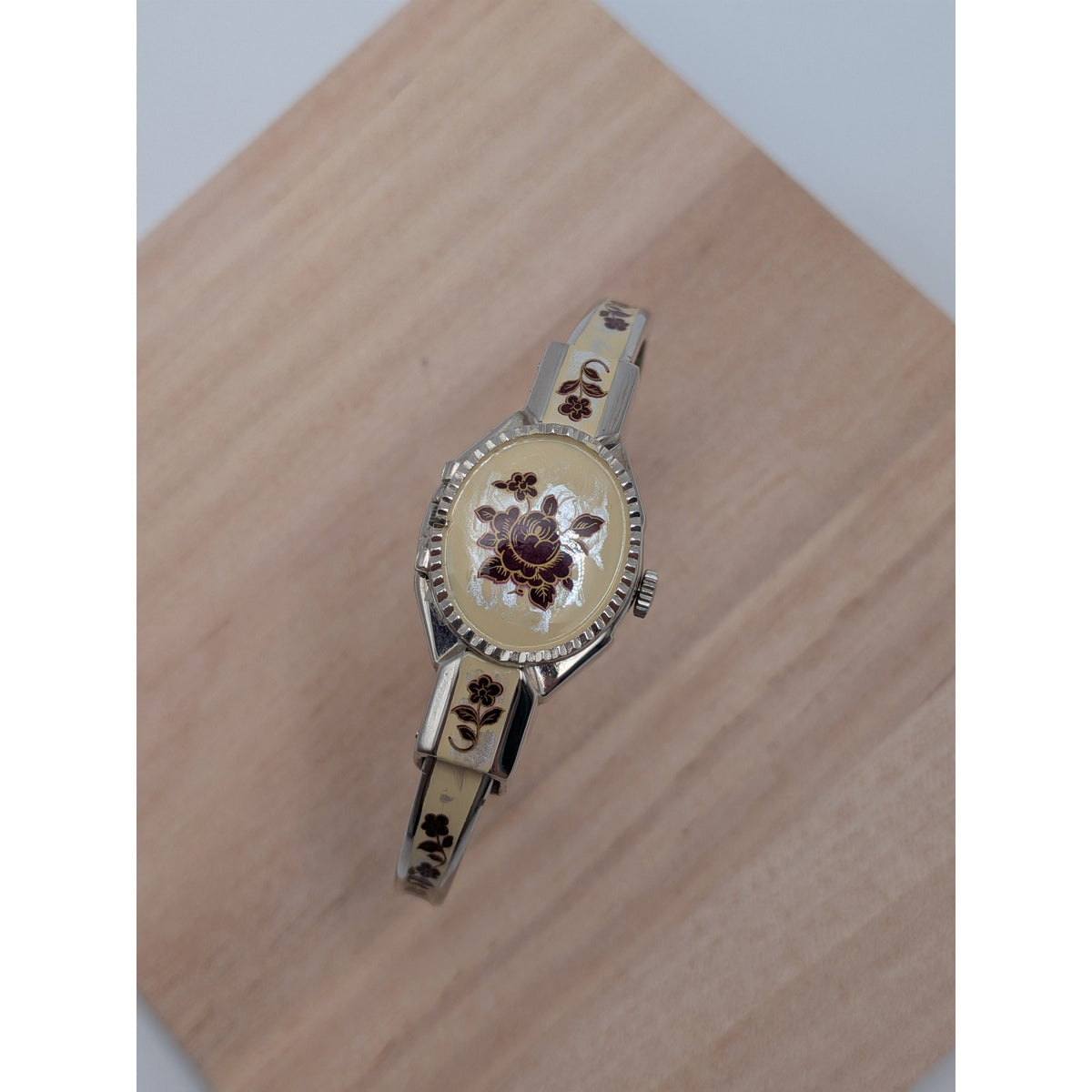 Vintage Andre Mouche Silver Tone Peekaboo Watch Cream Enamel Red Flowers w/ Box
