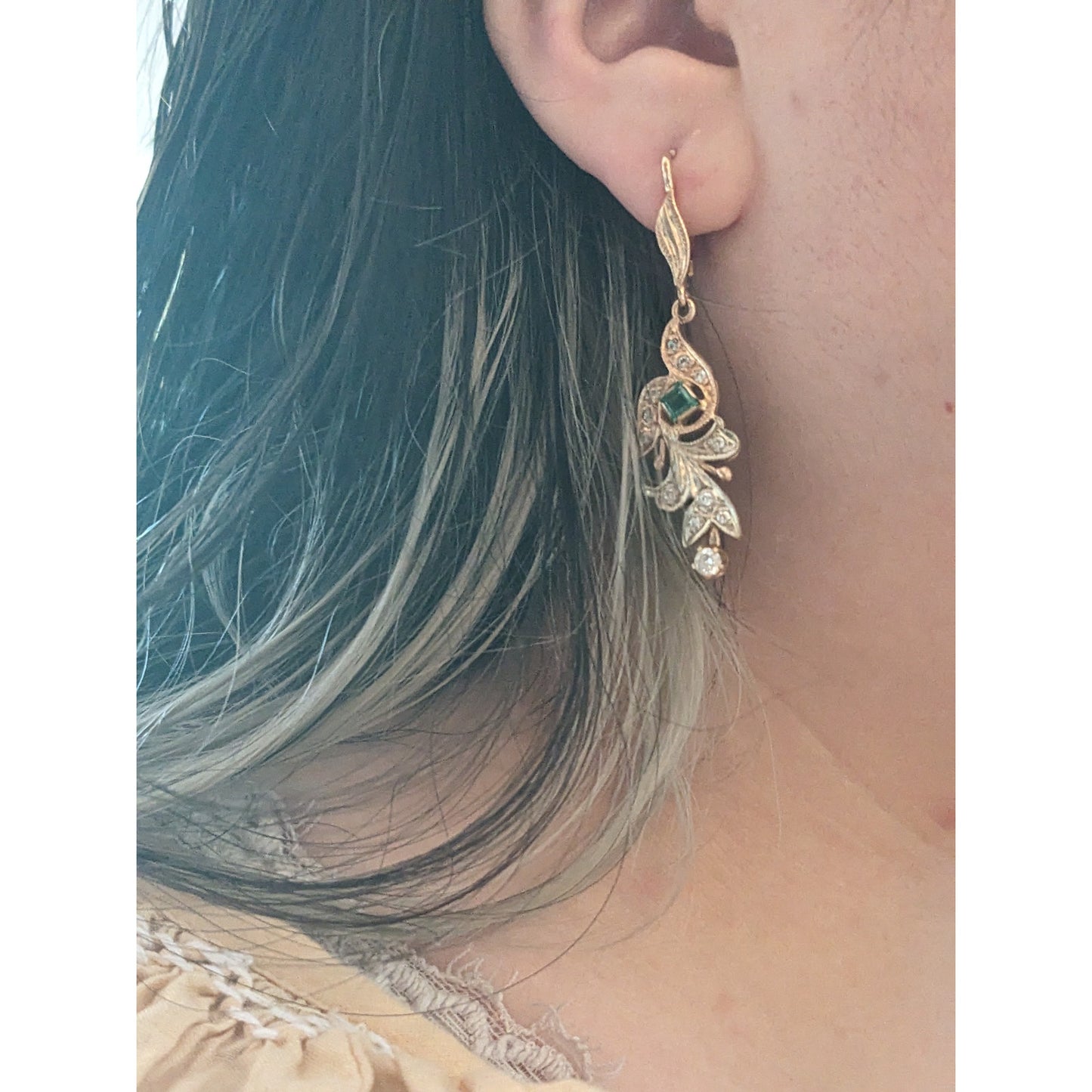 Vintage 1990s 14k Gold USSR Ring Size 9 & Earring Lab Emerald Natural Diamonds