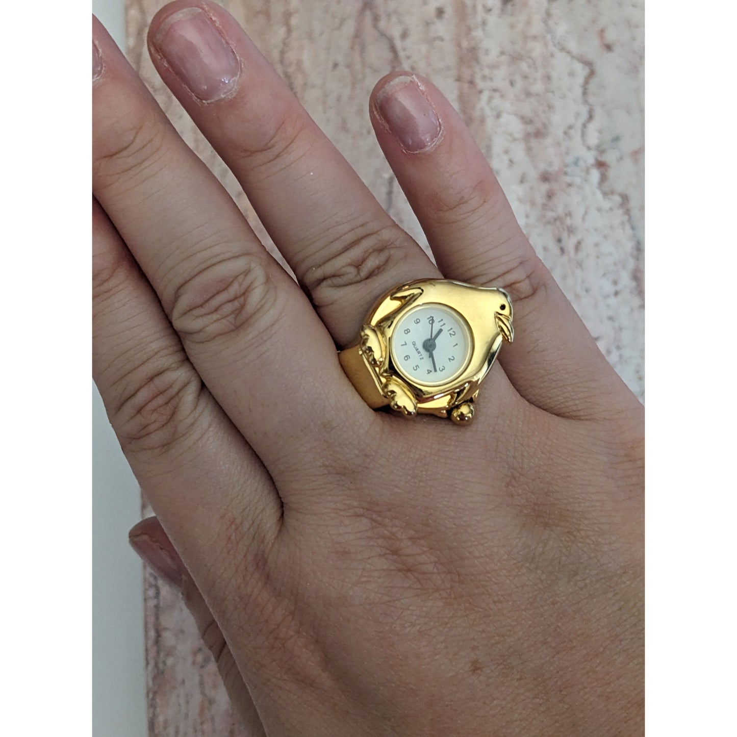 Preowned Gold Tone Ring Watch with Penguin Working