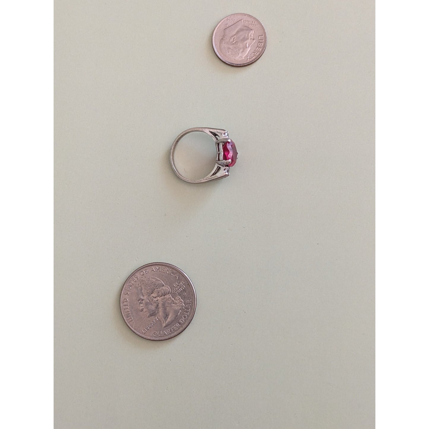 Vintage 10k White Gold Ring with Red Heart Gem and Diamond Accents Size 4.25