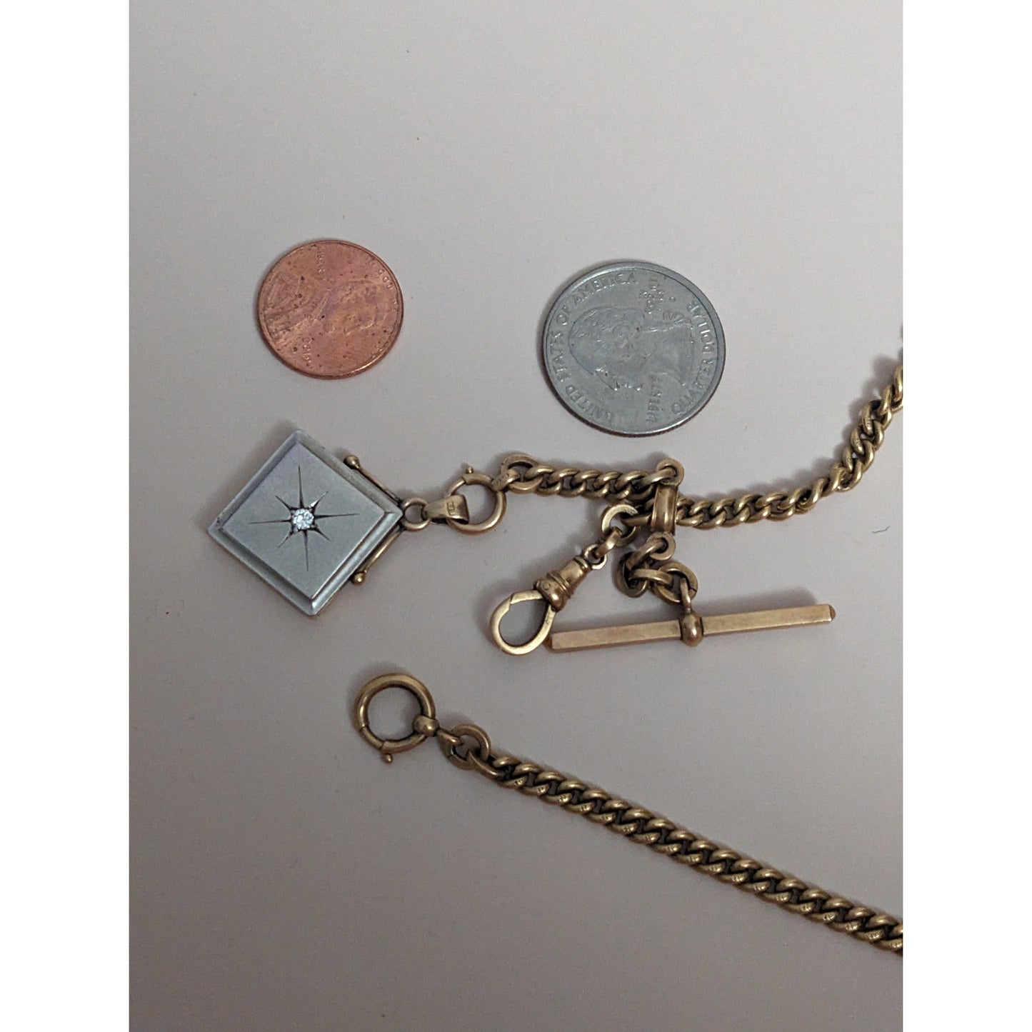 Vintage 18k Yellow Gold Watch Chain with White Gem Locket and T Bar