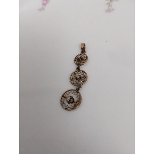 Antique 10k Gold Triple Drop Circular Filigree with Diamond Accent Pendant