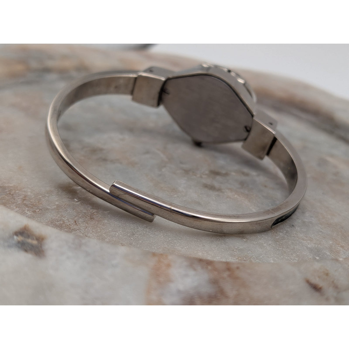 Andre Mouche Silver Tone Bangle Peekaboo Watch Black Enamel White Roses & Stones