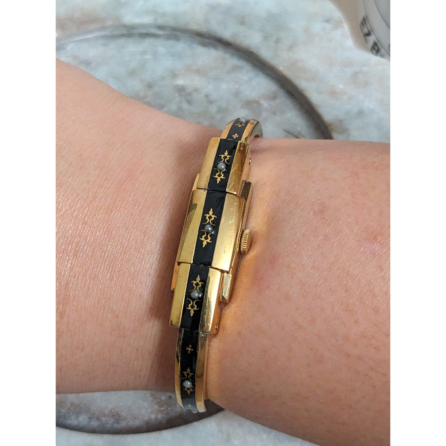 Vintage Andre Mouche Silver Tone Bangle Watch with Blue Floral Enamel Working